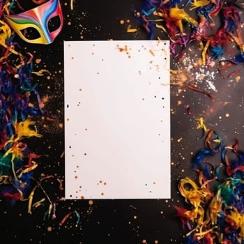 White blank card with space for your own content around decorations with colorful feathers, carnival masks, confetti. Carnival outfits, masks and decorations. A time of fun and celebration before the fast.