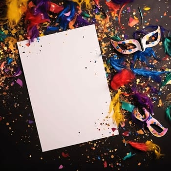 White blank card with space for your own content around decorations with colorful feathers, carnival masks, confetti. Carnival outfits, masks and decorations. A time of fun and celebration before the fast.