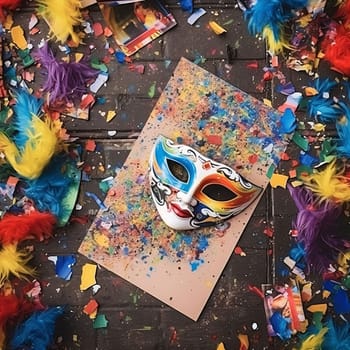 White blank card with space for your own content around decorations with colorful feathers, carnival masks, confetti. Carnival outfits, masks and decorations. A time of fun and celebration before the fast.