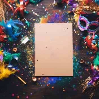 White blank card with space for your own content around decorations with colorful feathers, carnival masks, confetti. Carnival outfits, masks and decorations. A time of fun and celebration before the fast.