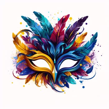 Colorful carnival eye mask with Colorful feathers White isolated background. Carnival outfits, masks and decorations. A time of fun and celebration before the fast.