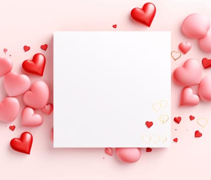 White blank card with space for your own content. Decorations of pink and gold hearts, confetti. Valentine's Day as a day symbol of affection and love. A time of falling in love and love.