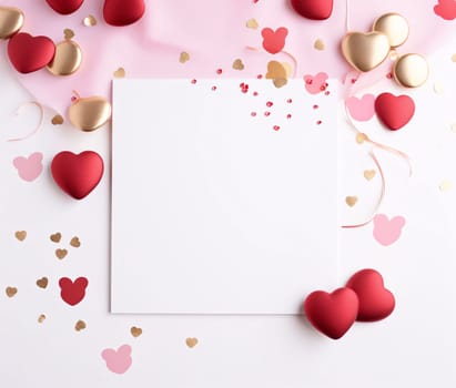 White blank card with space for your own content. Decorations of pink and gold hearts, confetti. Valentine's Day as a day symbol of affection and love. A time of falling in love and love.