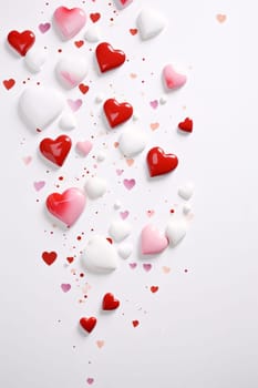 White, pink red hearts with confetti on a white background. Valentine's Day as a day symbol of affection and love. A time of falling in love and love.