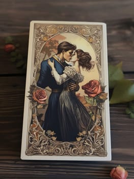 Card with an image, hugging a couple in love. Valentine's Day as a day symbol of affection and love. A time of falling in love and love.