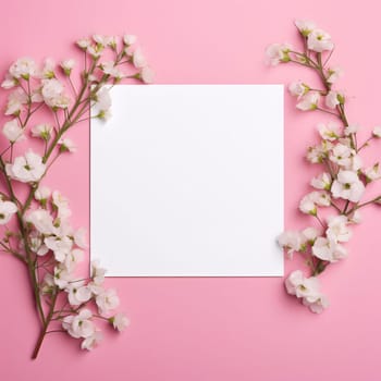 White blank card with space for your own content. Decorations made of white flowers. Valentine's Day as a day symbol of affection and love. A time of falling in love and love.