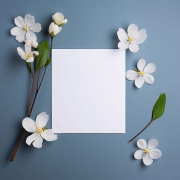 White blank card with space for your own content. Decorations made of white flowers. Valentine's Day as a day symbol of affection and love. A time of falling in love and love.