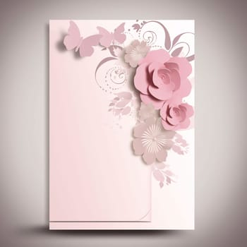 White blank card with space for your own content. Decorations made of pink flowers. Valentine's Day as a day symbol of affection and love. A time of falling in love and love.