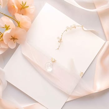 A white blank card with a bright bow tied around it. Around it white flower petals. Valentine's Day as a day symbol of affection and love. A time of falling in love and love.