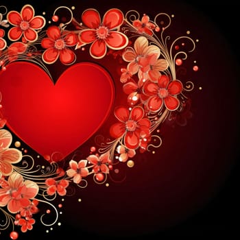 Red heart decorated with red flowers on dark. Valentine's Day as a day symbol of affection and love. A time of falling in love and love.