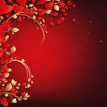 Red Valentine's Day card with decorations of small leaves and red hearts.Valentine's Day banner with space for your own content. Heart as a symbol of affection and love.