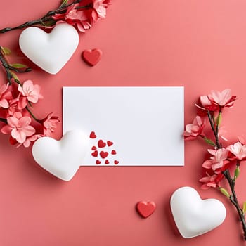 White blank card with space for your own content. Decorations of red and white hearts and pink flowers. Valentine's Day as a day symbol of affection and love. A time of falling in love and love.