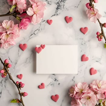 White blank card with space for your own content. Decorations of red and white hearts and pink flowers. Valentine's Day as a day symbol of affection and love. A time of falling in love and love.