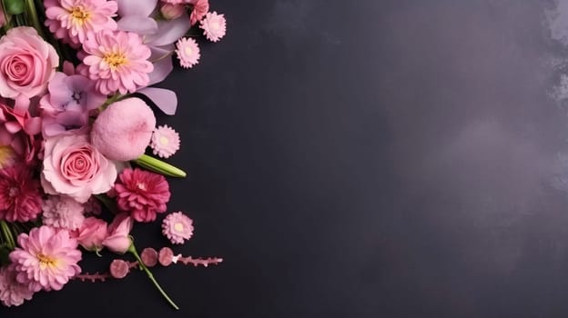 Top view of elegantly arranged pink flowers on the left on a dark background.Valentine's Day banner with space for your own content. Heart as a symbol of affection and love.