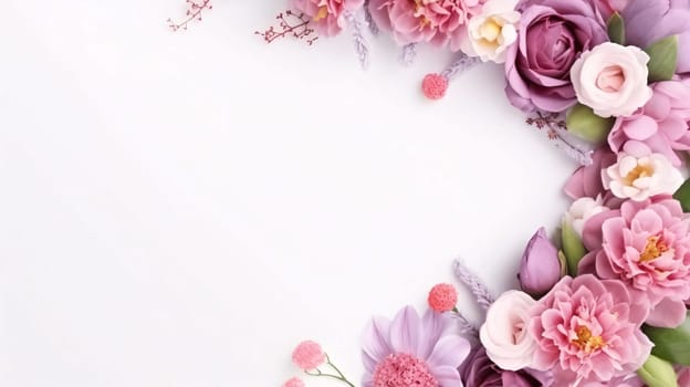Top view of white empty field with decoration on the right side with pink and white flowers.Valentine's Day banner with space for your own content. Heart as a symbol of affection and love.