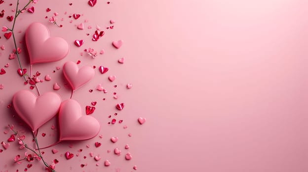 Pink Valentine's Day card. Pink hearts on the left side.Valentine's Day banner with space for your own content. Heart as a symbol of affection and love.