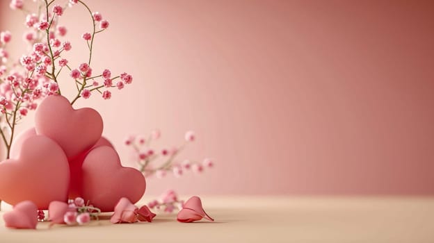 Elegantly arranged pink hearts with and pink small flowers on the left side on a light background.Valentine's Day banner with space for your own content. Heart as a symbol of affection and love.