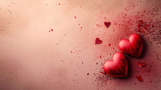 Top view over two large red hearts and a tiny one. Dark background decorated with paint.Valentine's Day banner with space for your own content. Heart as a symbol of affection and love.