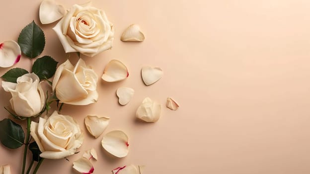 Lying on a light background are three white roses and paper white hearts.Valentine's Day banner with space for your own content. Heart as a symbol of affection and love.