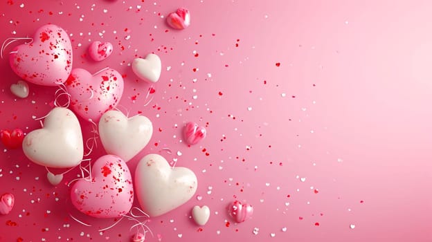 Top view of pink card with pink and red confetti hearts.Valentine's Day banner with space for your own content. Heart as a symbol of affection and love.