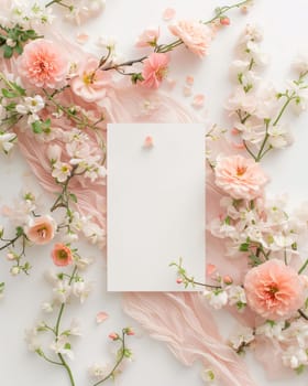 White blank card with space for your own content. All around decorations of white and pink flowers. Valentine's Day as a day symbol of affection and love. A time of falling in love and love.