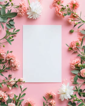 White blank card with space for your own content. All around decorations of white and pink flowers. Valentine's Day as a day symbol of affection and love. A time of falling in love and love.