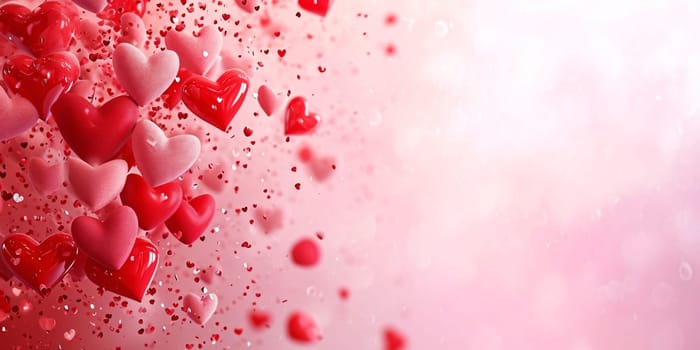 Red and pink hearts and small confetti pink background.Valentine's Day banner with space for your own content. Heart as a symbol of affection and love.