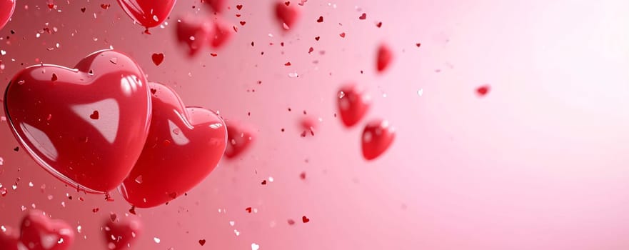 Red hearts and small confetti pink background.Valentine's Day banner with space for your own content. Heart as a symbol of affection and love.