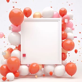 White blank card with space for your own content. Around it colorful confetti and balloons. Valentine's Day as a day symbol of affection and love. A time of falling in love and love.