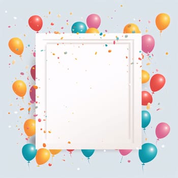 White blank card with space for your own content. Around it colorful confetti and balloons. Valentine's Day as a day symbol of affection and love. A time of falling in love and love.