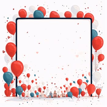 White blank card with space for your own content. Around it colorful confetti and balloons. Valentine's Day as a day symbol of affection and love. A time of falling in love and love.