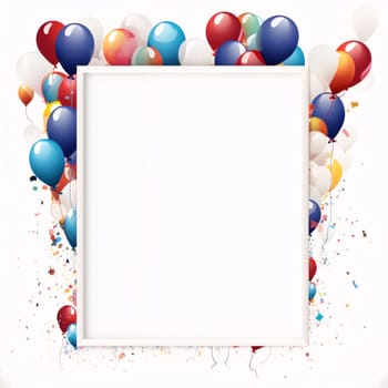 White blank card with space for your own content. Around it colorful confetti and balloons. Valentine's Day as a day symbol of affection and love. A time of falling in love and love.
