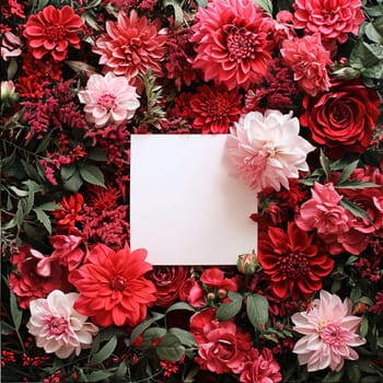 White blank card with space for your own content. Around red and pink flowers, flower petals. Valentine's Day as a day symbol of affection and love. A time of falling in love and love.