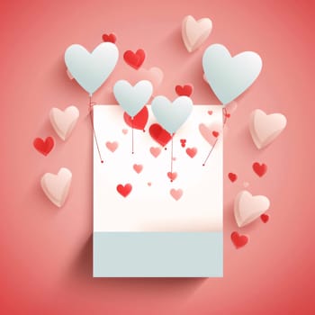 White card, letter, around pink white red hearts, so much they background. Valentine's Day as a day symbol of affection and love. A time of falling in love and love.