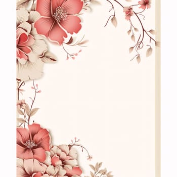 White blank card with space for your own content. Decorations of pink and red flowers. Valentine's Day as a day symbol of affection and love. A time of falling in love and love.