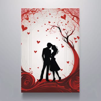 Valentine's Day card black silhouette of a couple in love around red hearts. Valentine's Day as a day symbol of affection and love. A time of falling in love and love.