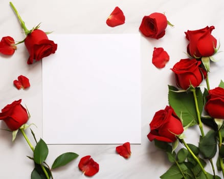 White blank card with space for your own content. All around red, roses and petals. Valentine's Day as a day symbol of affection and love. A time of falling in love and love.