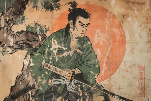 Antique Japanese Illustration of a Samurai ai generated image