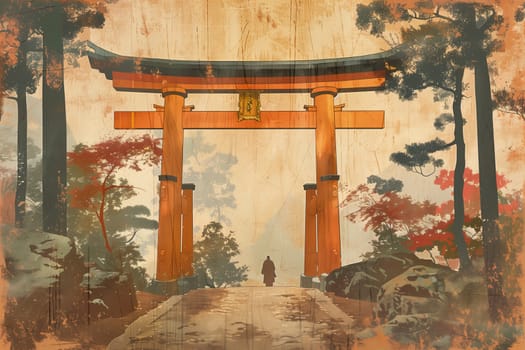 Antique Japanese poster Illustration of Gates arch ai generated