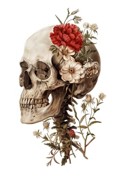 Vintage cut out Illustration of skull with flowers ai generated image