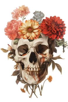 Vintage Illustration of skull with flowers ai generated image