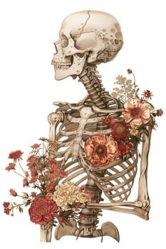 Vintage Illustration of skeleton with red flowers cut out ai generated image