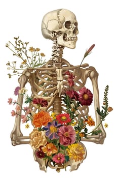 Vintage Illustration of skeleton with flowers cut out ai generated image