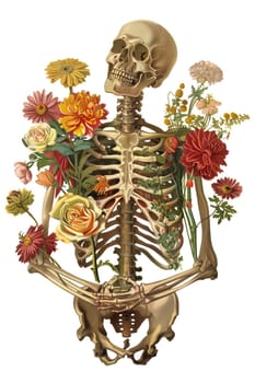 Vintage Illustration of skeleton with red and yellow flowers cut out ai generated image