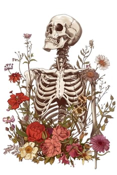 Vintage Illustration of skeleton with flowers cut out ai generated image
