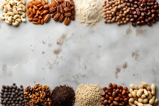 An assortment of nuts and seeds, perfect ingredients for a superfood dish, are elegantly arranged in a circle on a table for a natural foods event