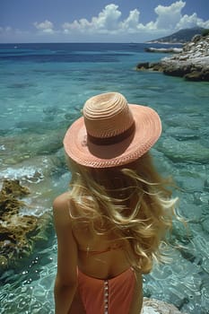 A woman in a sun hat and bikini is standing on a rock by the ocean, enjoying the scenic landscape of water, sky, and clouds