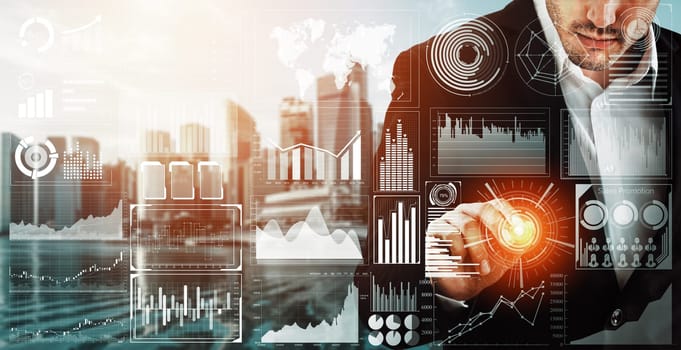 Big Data Technology for Business Finance Analytic Concept. Modern interface shows massive information of business sale report, profit chart and stock market trends analysis on screen monitor. uds