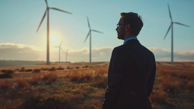 A man stands in a field of wind turbines.