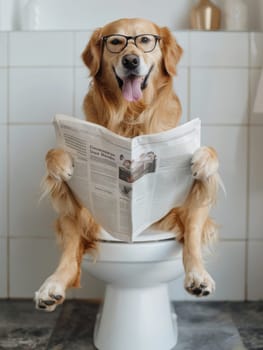 A dog is sitting on a toilet and reading a newspaper. The dog is wearing glasses and has a tongue sticking out. The scene is humorous and lighthearted